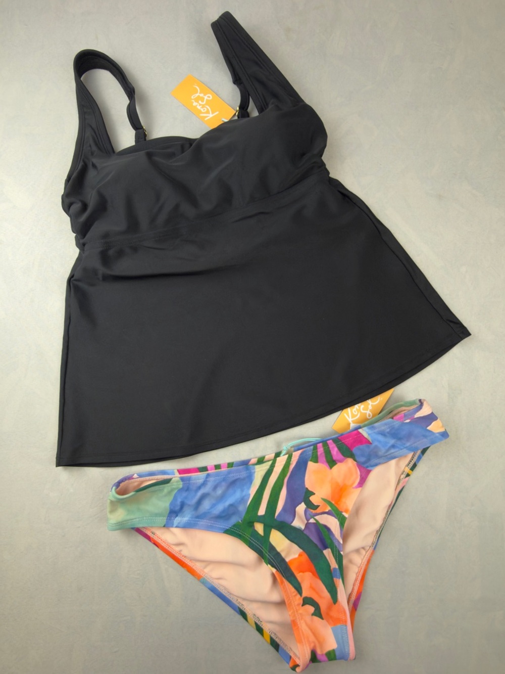 Kona Sol Black Tankini Top with Multicolor Floral Bikini Bottom